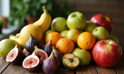 Assortiment de fruits frais avec F sur une table en bois