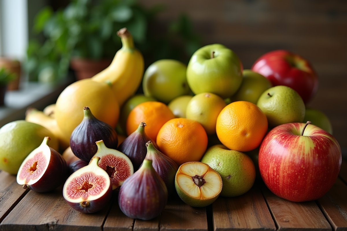 Assortiment de fruits frais avec F sur une table en bois