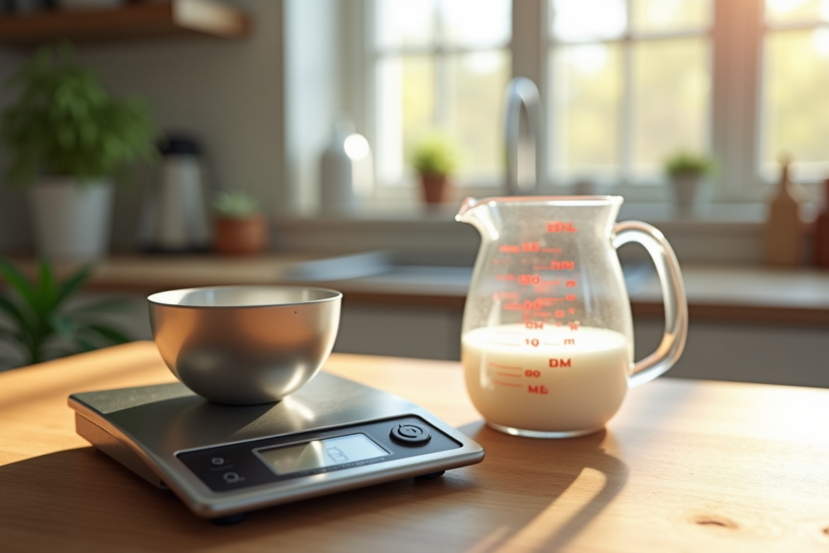 Balance digitale et verre doseur vintage sur table en bois avec lumière naturelle
