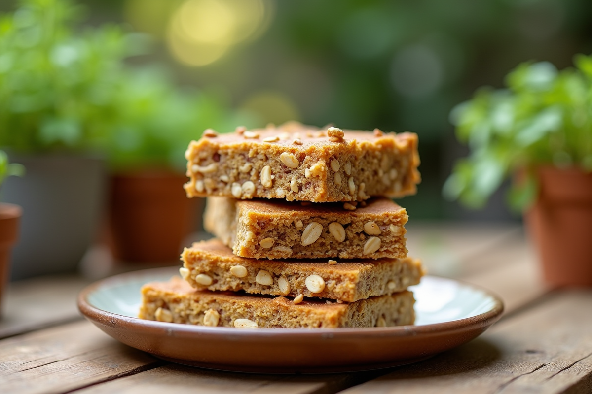 Barres de céréales maison sur une assiette en extérieur
