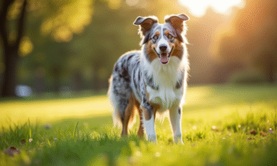 Chien berger australien merle bleu dans un parc ensoleille
