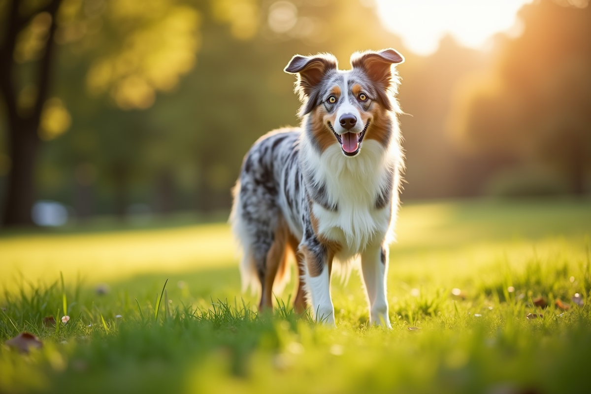 Chien berger australien merle bleu dans un parc ensoleille