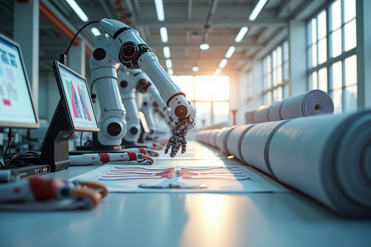 Bras robotique assemblant des vêtements futuristes en usine