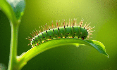 Chenille verte sur une feuille en jardin ensoleille
