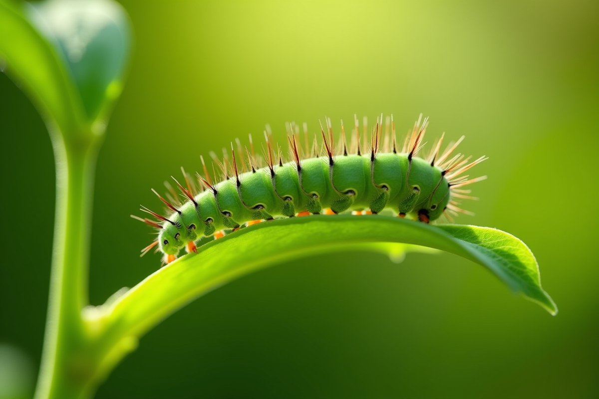 Chenille verte sur une feuille en jardin ensoleille
