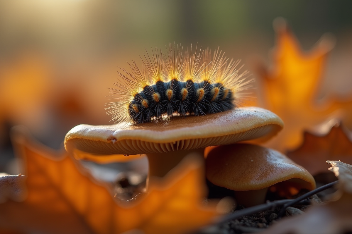 Chenille se nourrissant d’un champignon parmi les feuilles d’automne