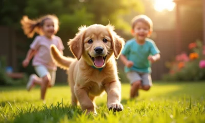 Chiot golden retriever jouant dans le jardin ensoleille avec deux enfants