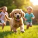 Chiot golden retriever jouant dans le jardin ensoleille avec deux enfants