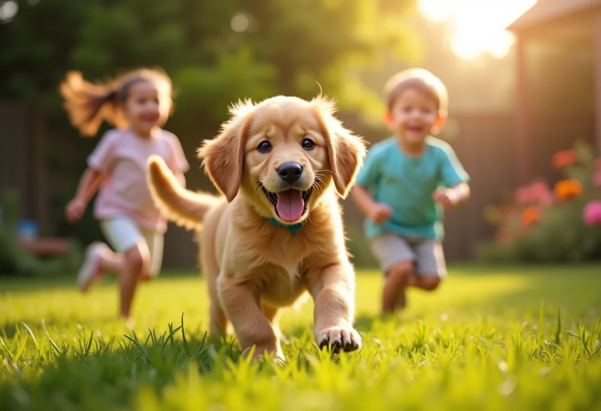 Chiot golden retriever jouant dans le jardin ensoleille avec deux enfants