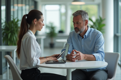 Homme d'âge moyen et jeune femme en réunion de travail
