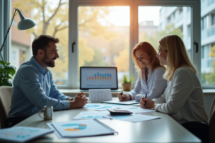 Conseiller financier avec un couple à un bureau lumineux