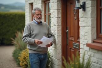 Homme d'âge moyen tenant factures devant cottage rural