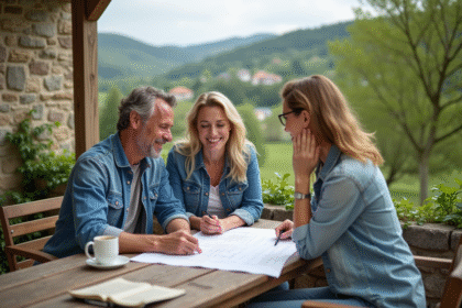 Couple français et agent immobilier sur terrasse rurale
