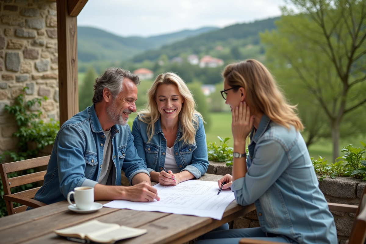 Couple français et agent immobilier sur terrasse rurale