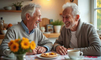 Couple mature souriant au petit déjeuner dans une cuisine lumineuse