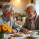 Couple mature souriant au petit déjeuner dans une cuisine lumineuse