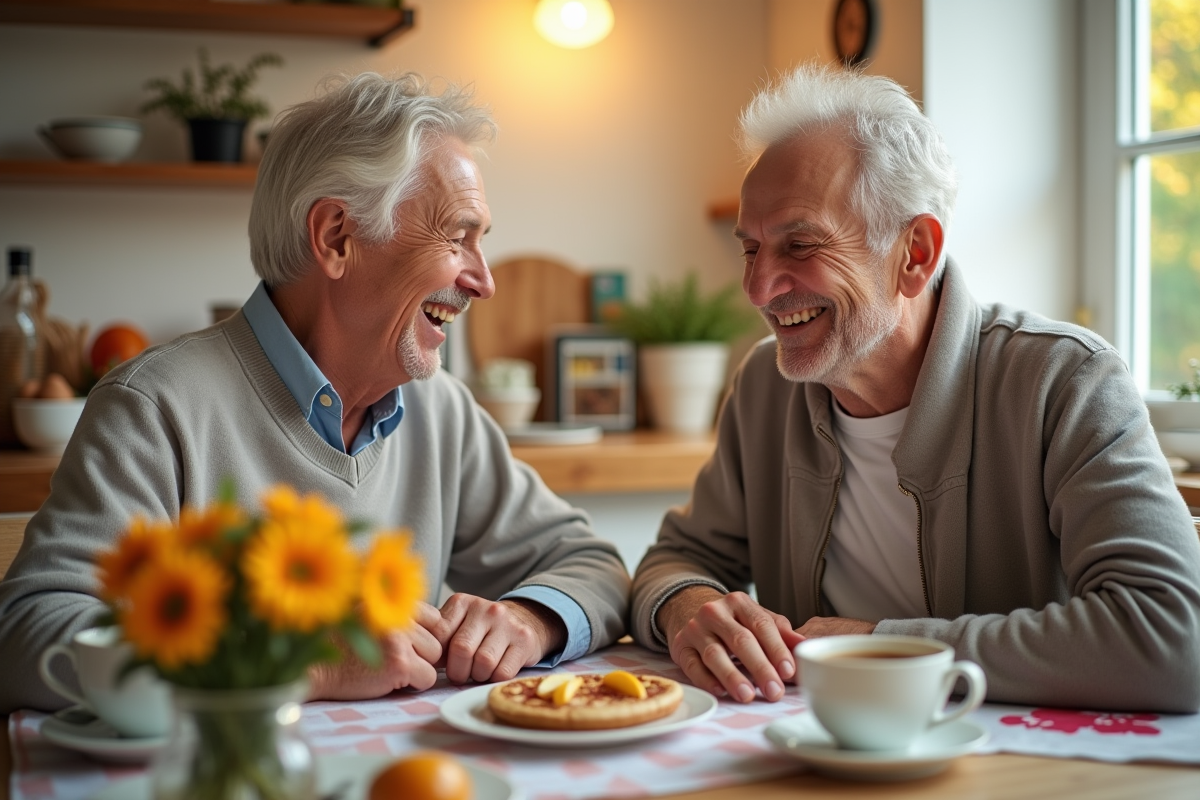 Couple mature souriant au petit déjeuner dans une cuisine lumineuse
