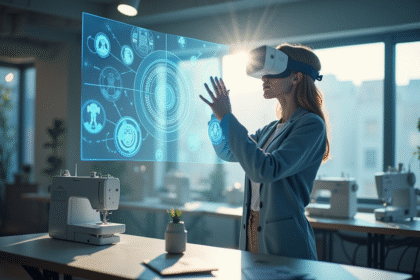 Créateur de mode avec casque de réalité augmentée dans un studio moderne