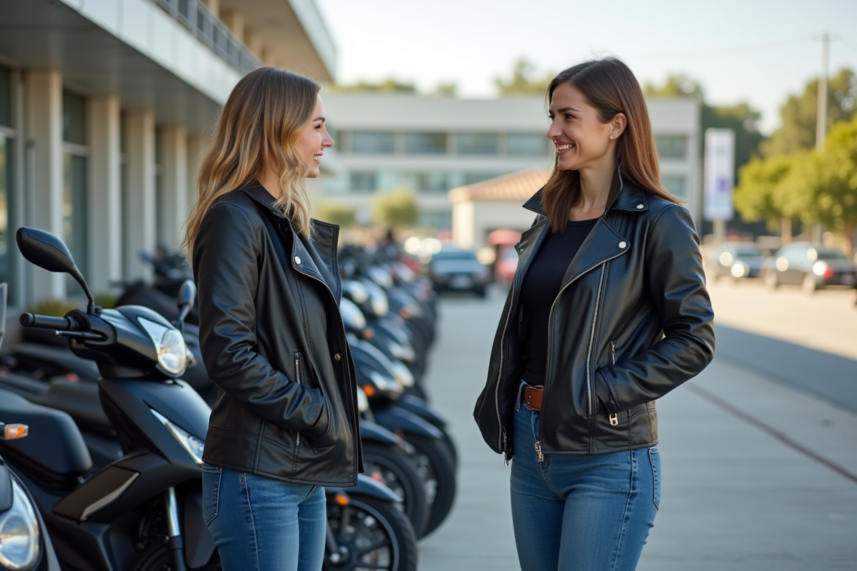 Deux femmes discutant devant une ligne de motos 125cc
