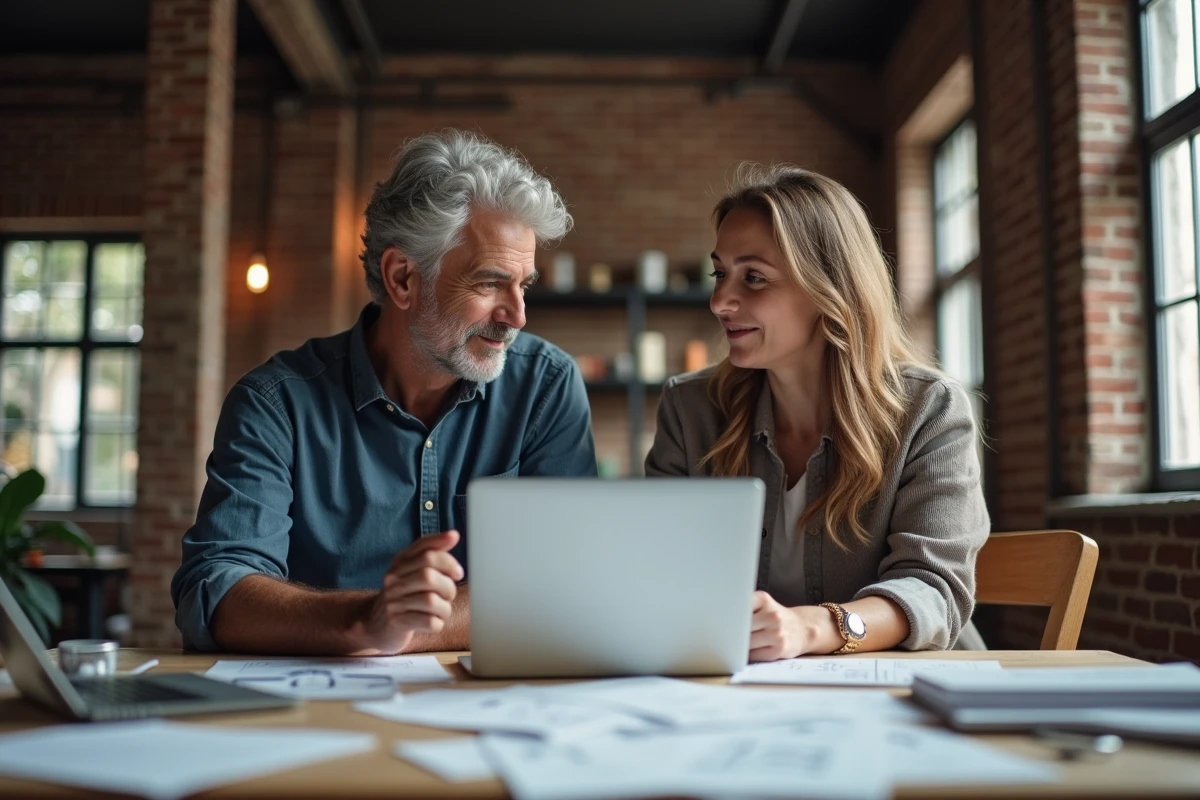 Homme et femme discutant autour de prototypes dans un espace ouvert