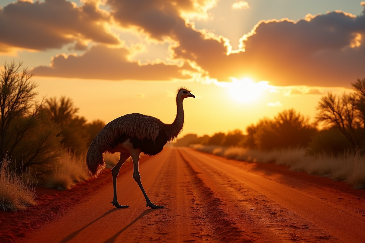 Émeu marchant sur une route en terre rouge au coucher du soleil