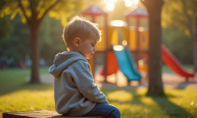 Jeune enfant seul sur un banc dans un parc en journée