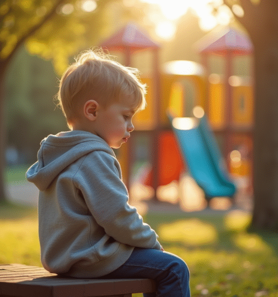 Jeune enfant seul sur un banc dans un parc en journée