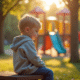 Jeune enfant seul sur un banc dans un parc en journée