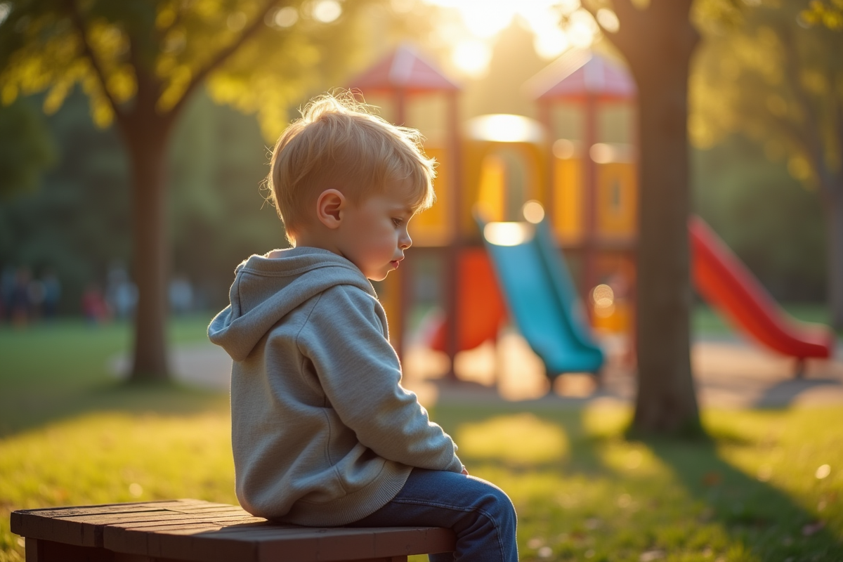 Jeune enfant seul sur un banc dans un parc en journée