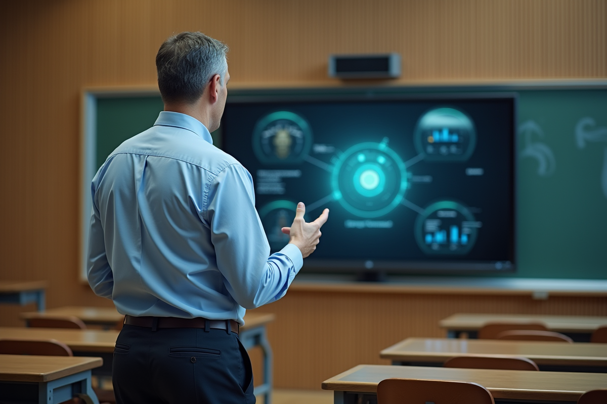 Enseignant montrant une interface numérique dans une salle de classe pour {titre}
