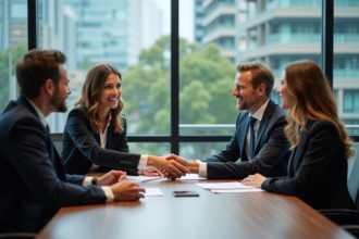 Professionnels d'affaires échangeant documents lors d'une réunion