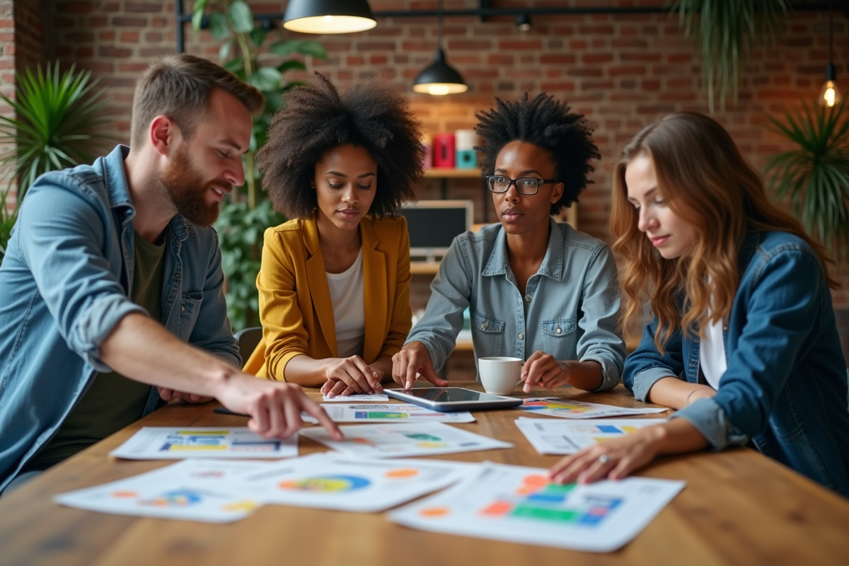 Groupe de quatre jeunes créatifs collaborant autour d
