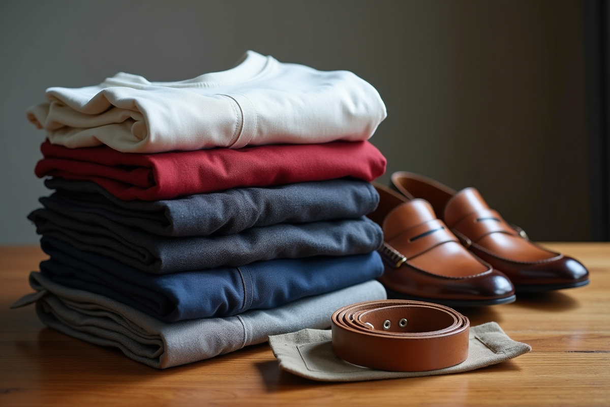 Vêtements essentiels pliés sur une table en bois