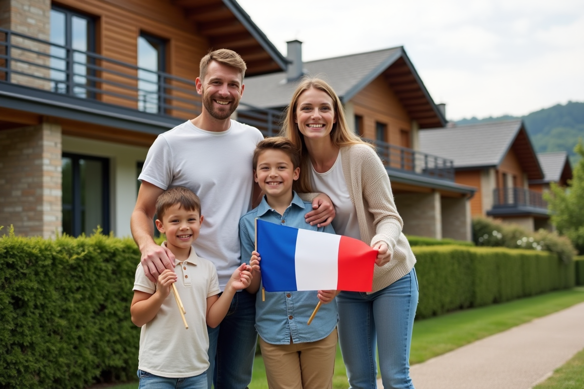Famille souriante devant maison de vacances chalet