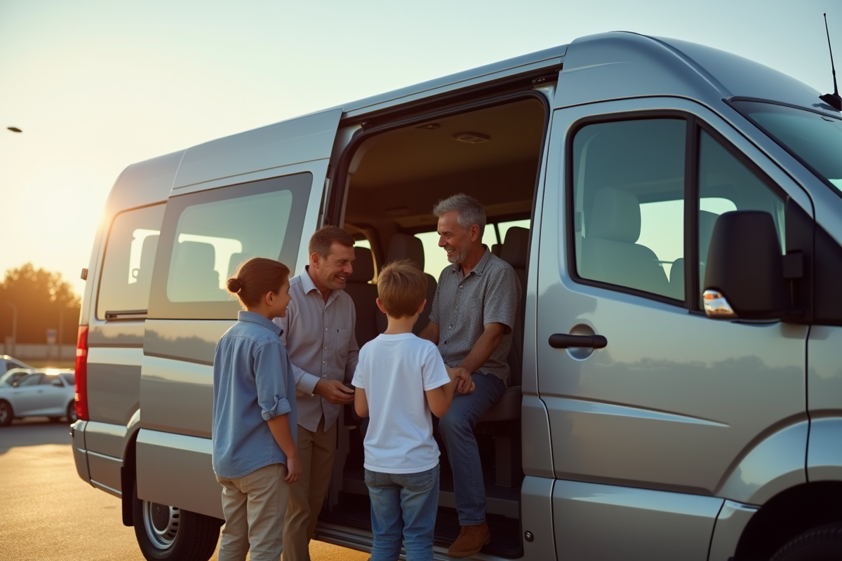 Famille inspectant un van 7 places dans un concessionnaire ensoleille