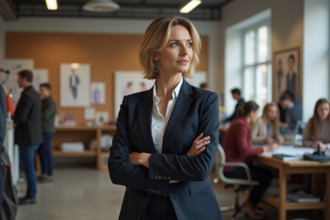 Femme en costume moderne dans un atelier de mode animé