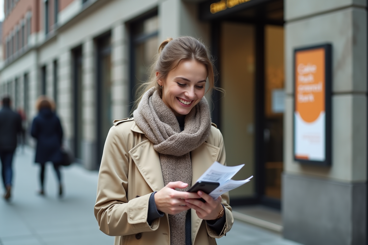 Femme souriante compare infos à la banque extérieure