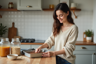 Jeune femme pressant des barres de céréales maison dans un plat