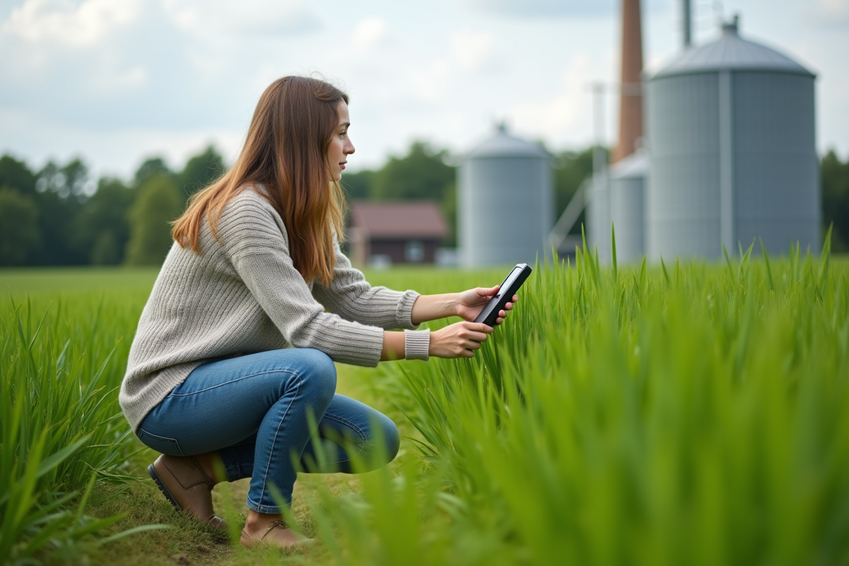 Jeune femme inspectant une centrale bioenergie dans un champ vert
