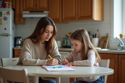 Femme et fille concentrées sur leurs devoirs à la maison