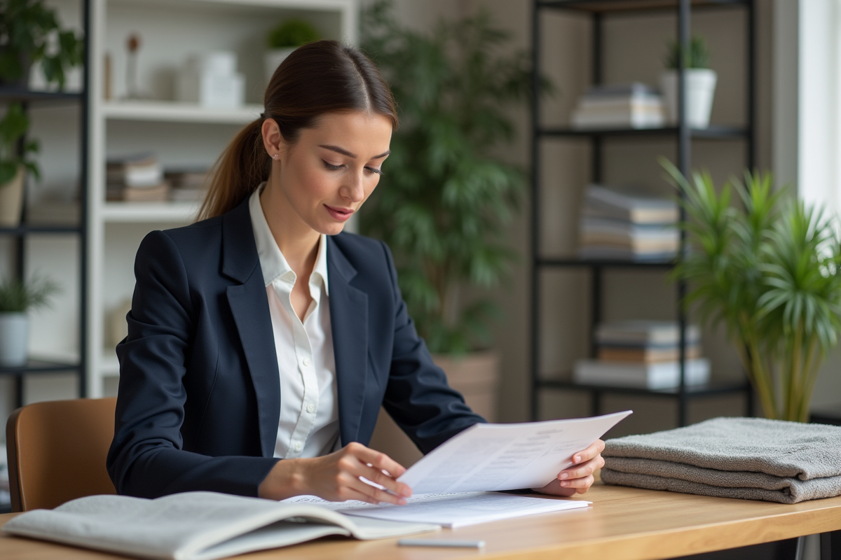Femme en blazer navy examine des échantillons textiles durables