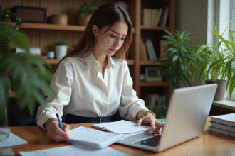 Jeune femme en gestion financière dans un bureau à domicile
