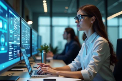 Jeune femme en bureau interactif avec écrans holographiques