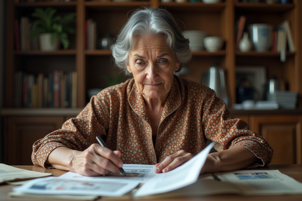 Femme immigrante triant des photos et papiers dans sa maison