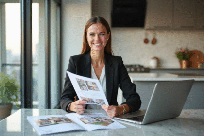Femme souriante en blazer étudiant des brochures immobilières