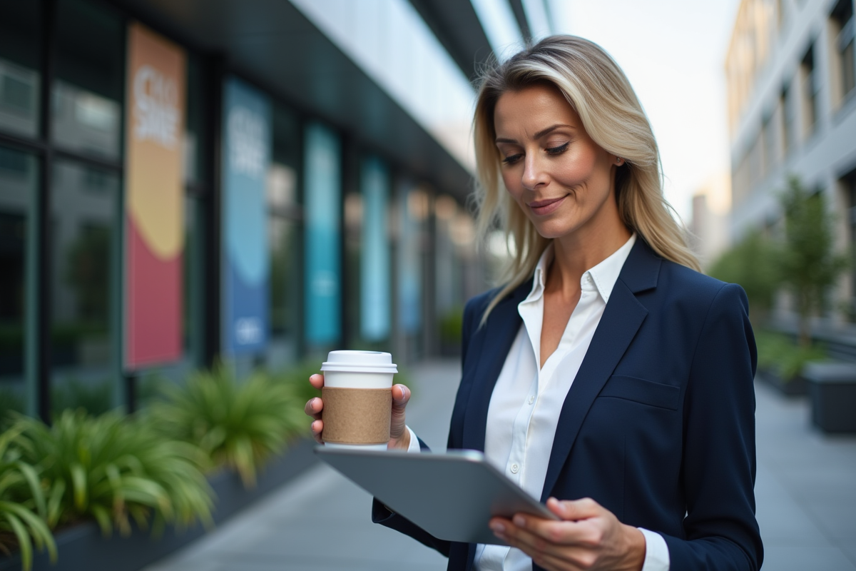 Femme marketing analysant des données en extérieur