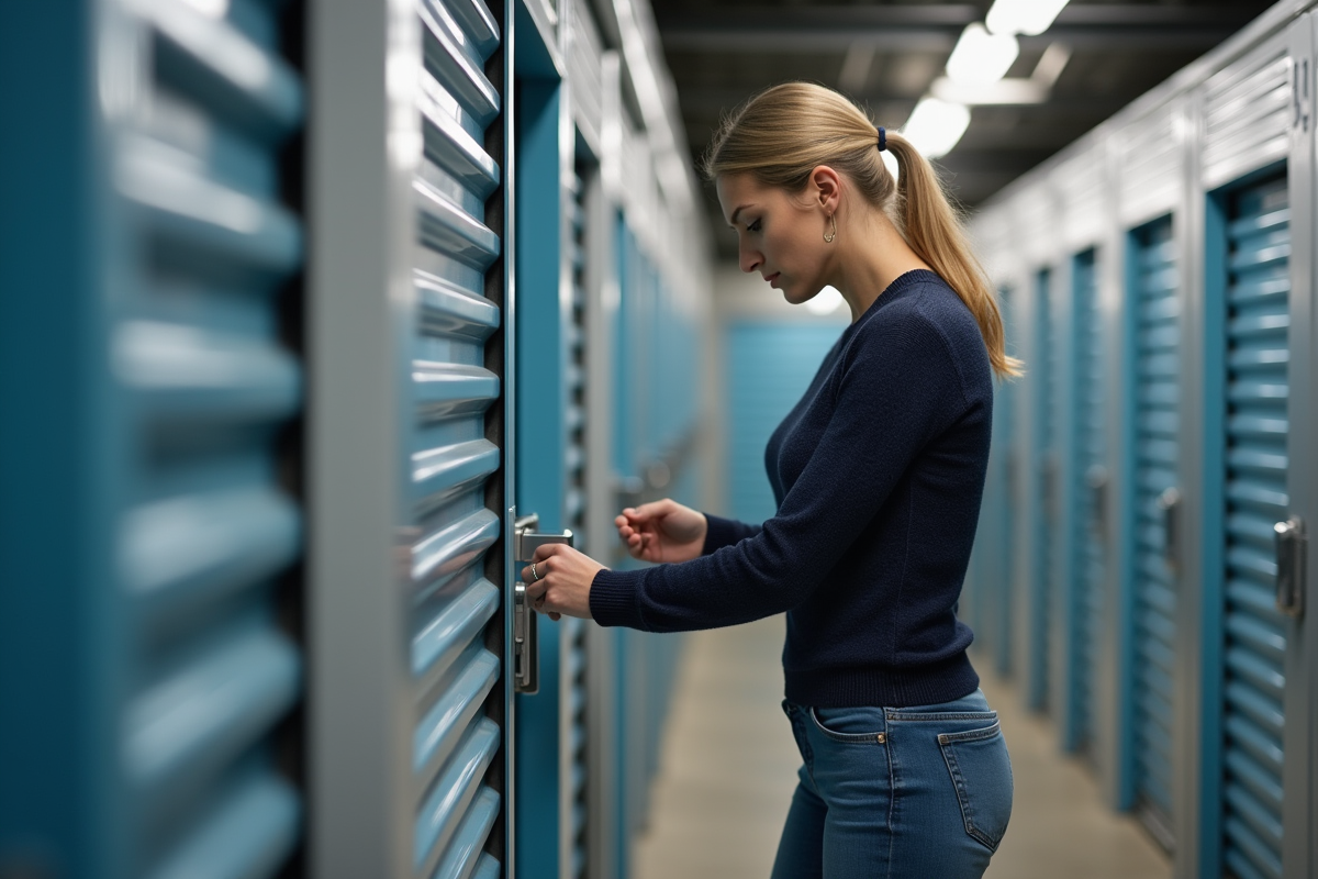 Femme examinant une boîte de rangement moderne dans un centre selfstorage