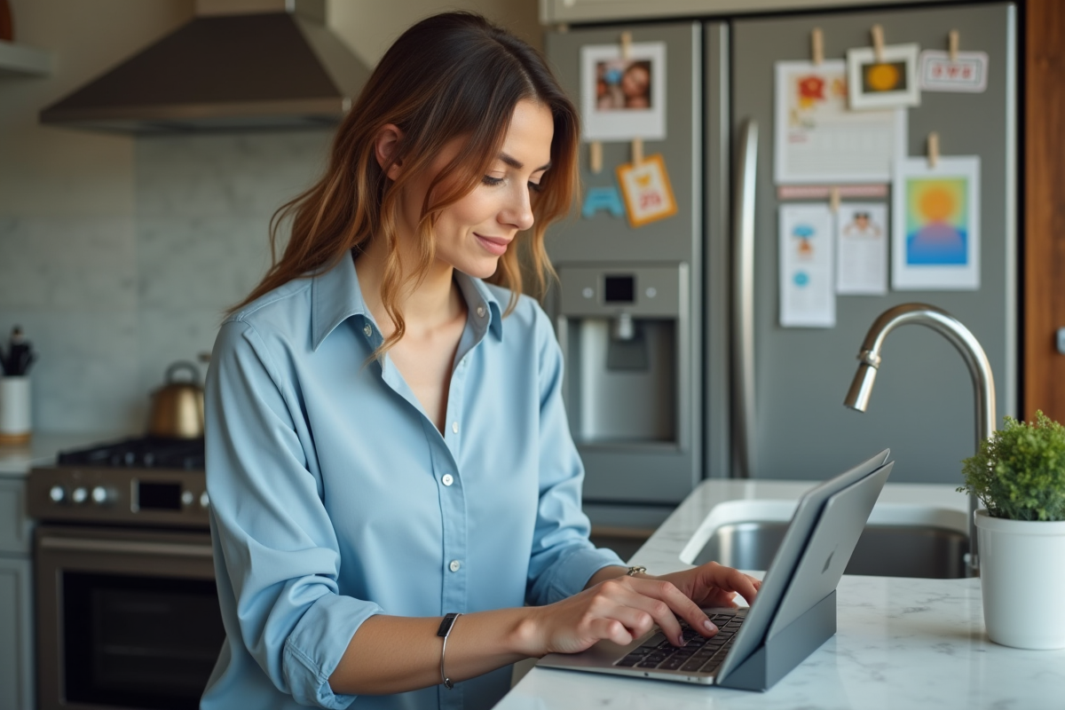 Femme en cuisine mettant à jour un calendrier numérique sur tablette