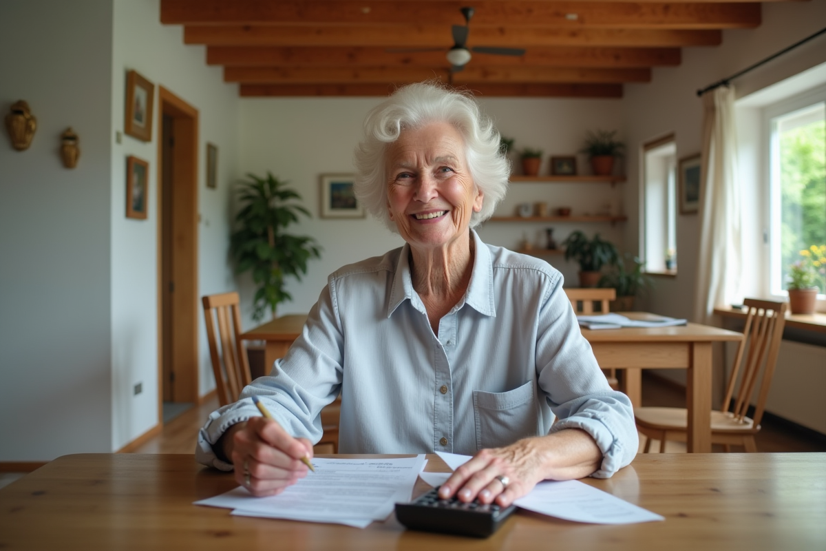 Femme âgée souriante vérifiant reçus dans maison de vacances