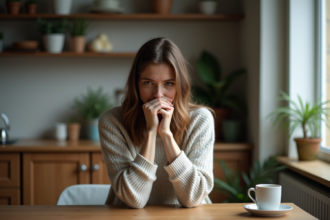 Femme assise pensant dans une cuisine chaleureuse